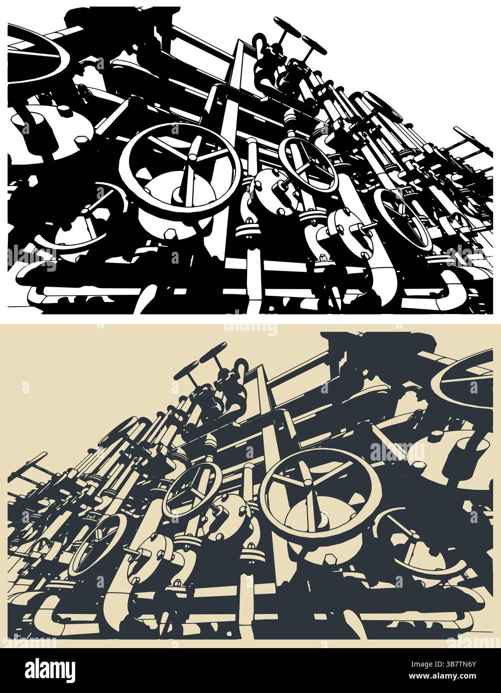 Illustrations vectorielles stylisées de vannes et de tuyaux industriels en gros plan Illustration de Vecteur