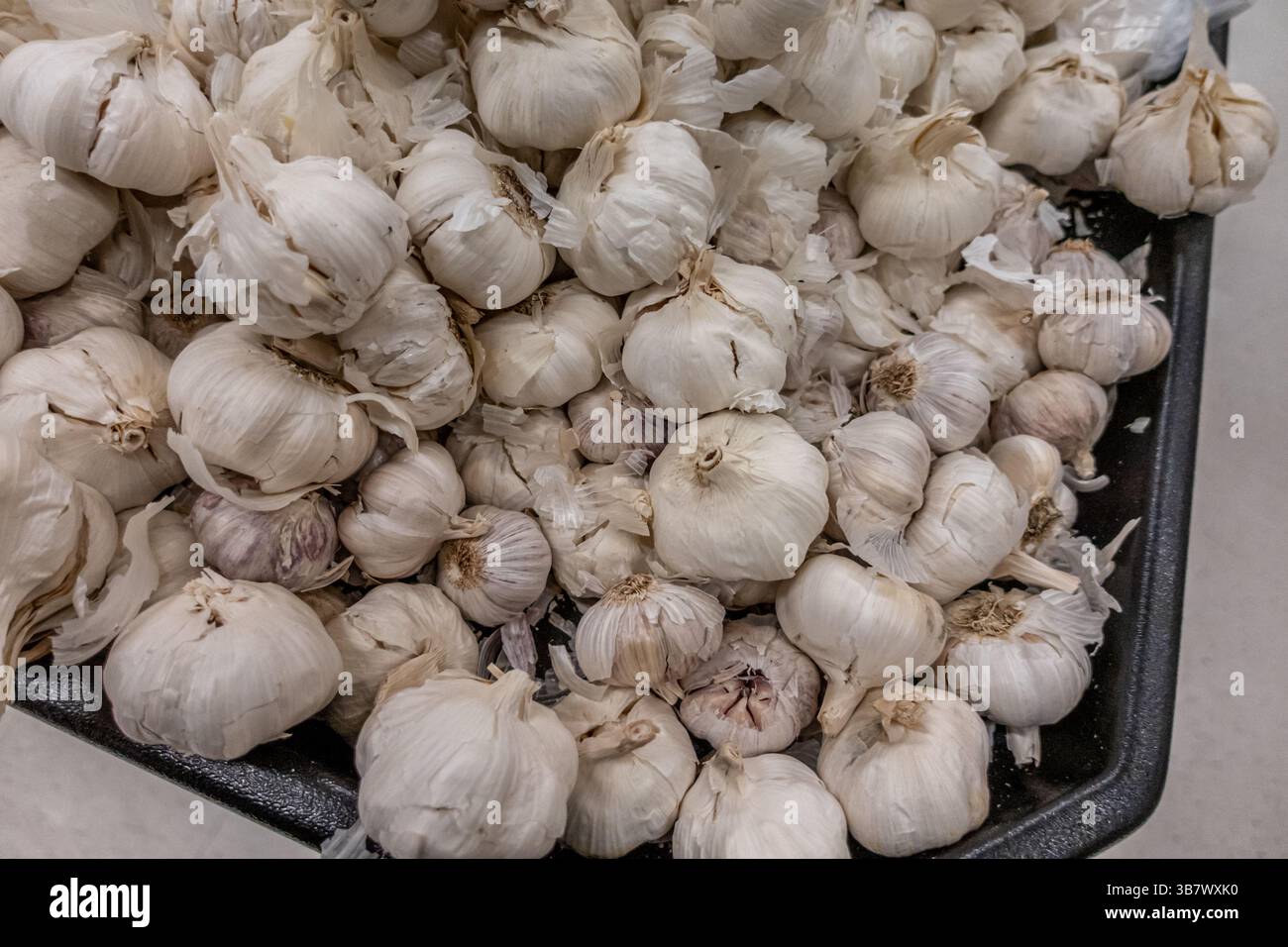 Pile d'ail blanc frais biologique sur le présentoir Banque D'Images
