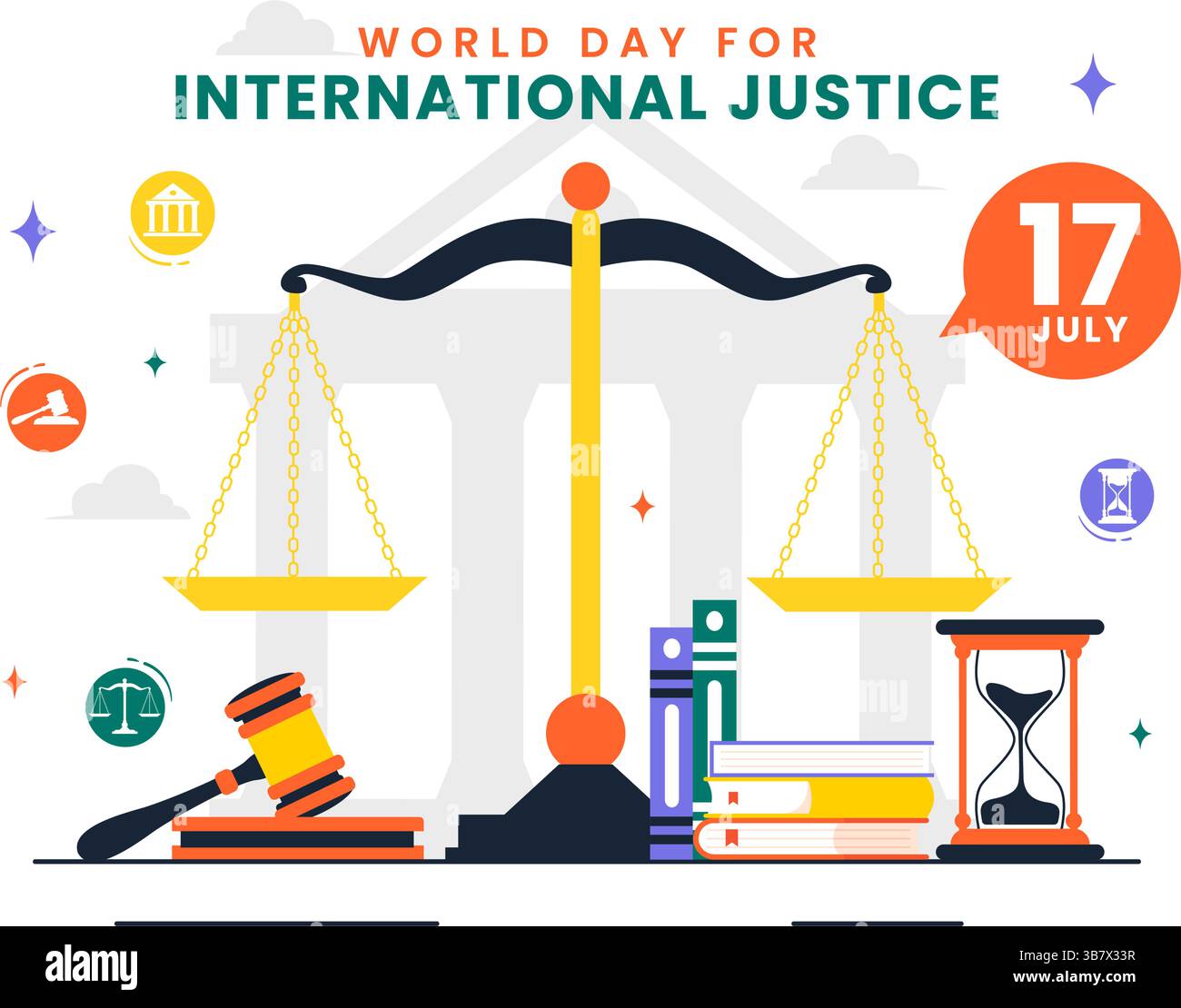 Journée mondiale de la justice internationale illustration vectorielle le 17 juillet mettant en scène la Terre, le Livre de droit, Scales of Justice et le Gavel du juge en arrière-plan Illustration de Vecteur