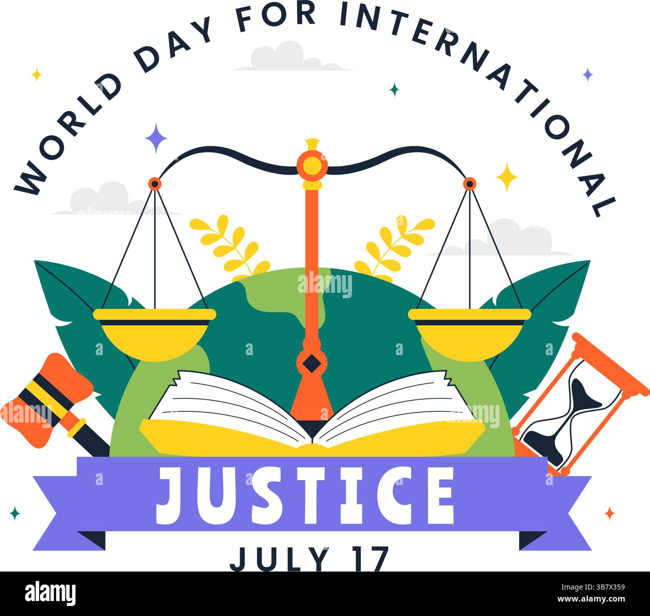 Journée mondiale de la justice internationale illustration vectorielle le 17 juillet mettant en scène la Terre, le Livre de droit, Scales of Justice et le Gavel du juge en arrière-plan Illustration de Vecteur