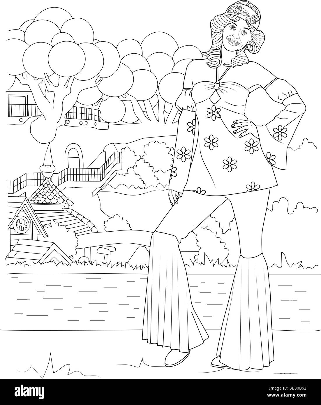 Illustration d'art de ligne noir et blanc pour la coloration mettant en vedette une femme élégante dans la mode des années 1970 à la mode, y compris un pantalon à fond de cloche et un motif floral Illustration de Vecteur