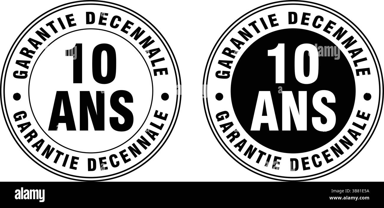 badge de garantie rond noir et blanc avec texte garantie décennale et étiquette d'assurance qualité 10 ans et de garantie de service de dix ans Illustration de Vecteur