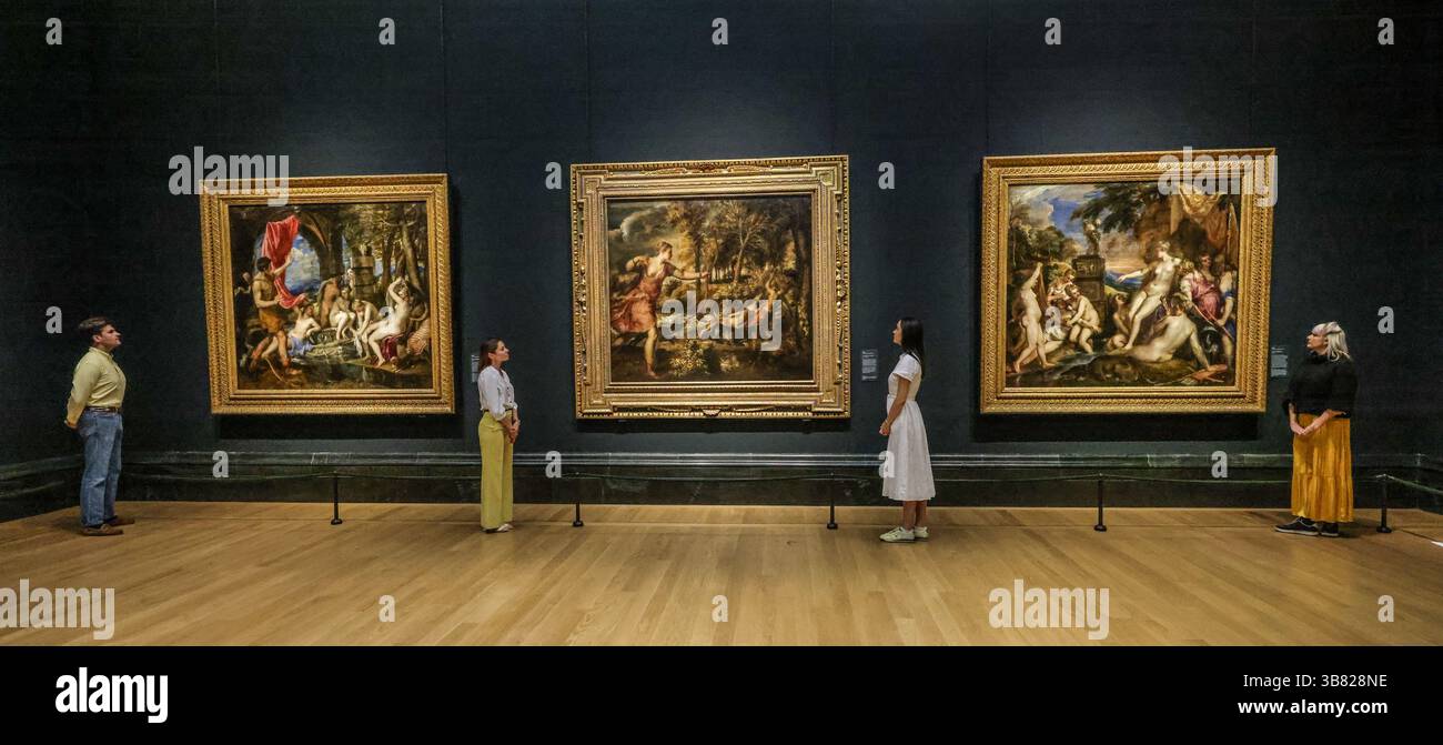National Gallery Londres, 07 mai 2025 (R)Titian, Diana et Callisto,(M) la mort d'Actaeon,(l)Diana et Actaeon L'ouverture de la nouvelle aile Sainsbury la galerie nationale affiche une nouvelle fois dans une génération, y compris de nouvelles acquisitions, des peintures retournées sur les murs après des années de travaux de conservation, et après trois ans de fermeture.Paul Quezada-Neiman/Alamy Live News Credit : Paul Quezada-Neiman/Alamy Live News Banque D'Images