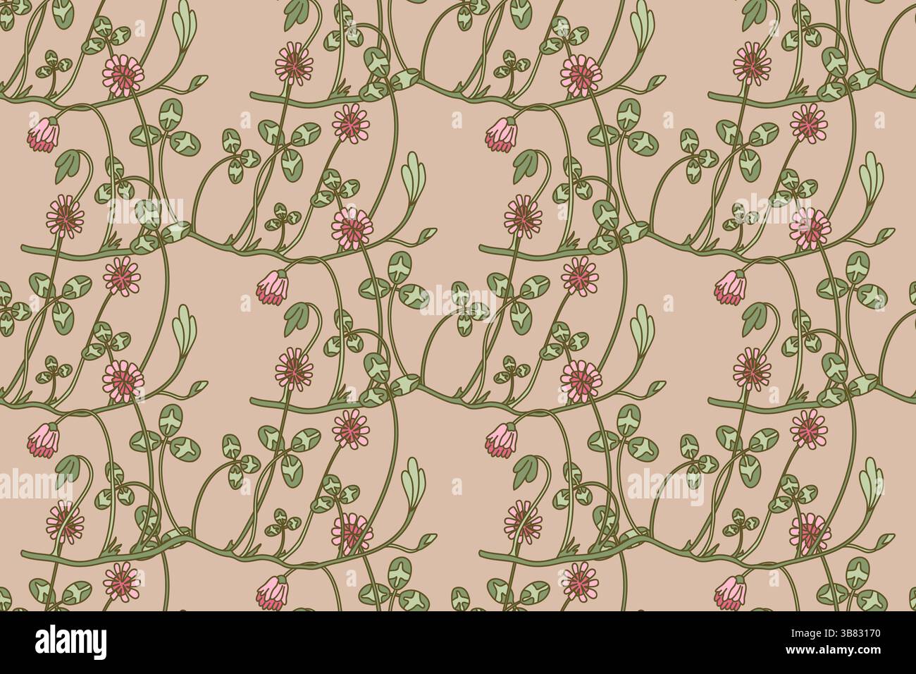 Botanical floral sans couture illustration vectorielle.répétition de plantes de trèfle avec des feuilles de tiges de fleurs en fond beige. Graphisme pour Fashio Illustration de Vecteur