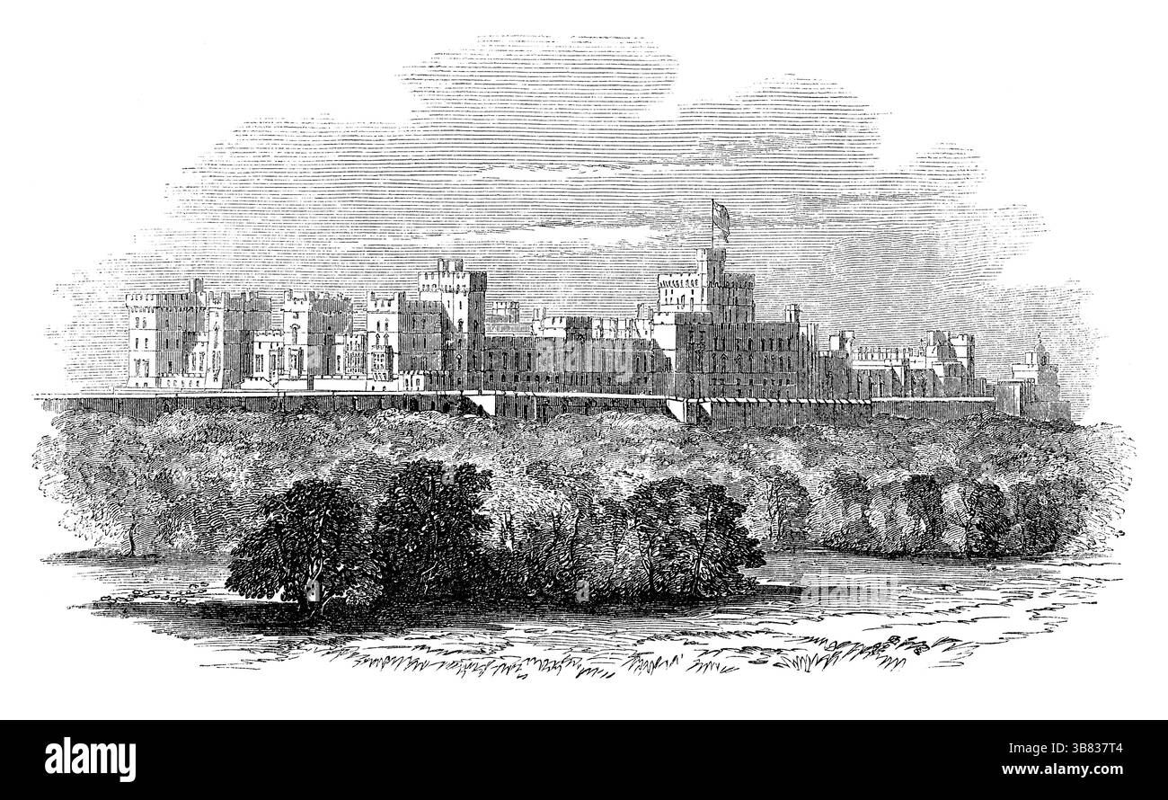 Gravure vintage 1854 du château de Windsor vue du nord-est. Banque D'Images