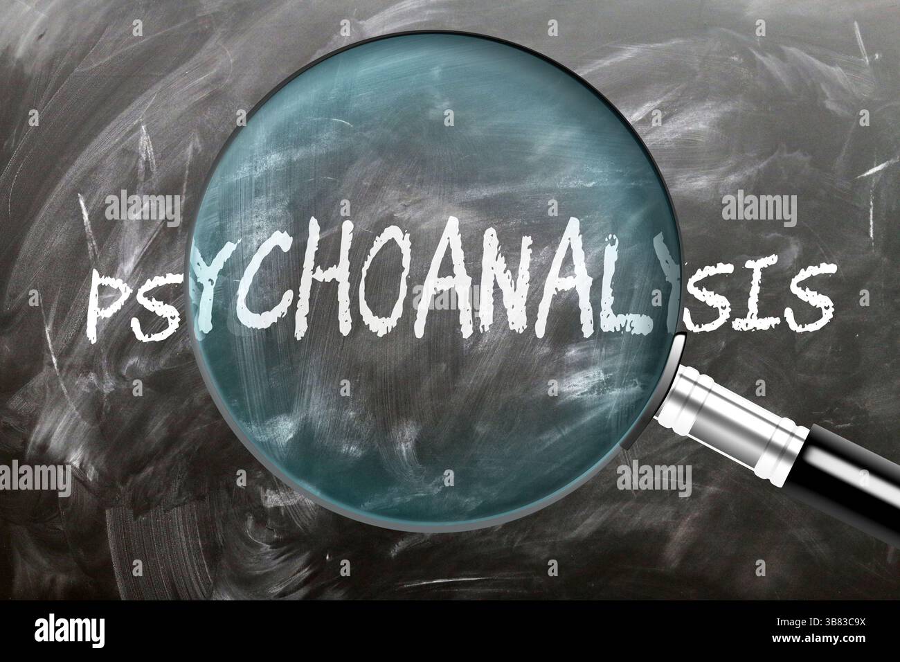 Psychanalyse - apprendre, étudier et inspecter. Regarder de plus près la psychanalyse. Une loupe agrandissant le mot 'psychanalyse' écrit sur un Banque D'Images