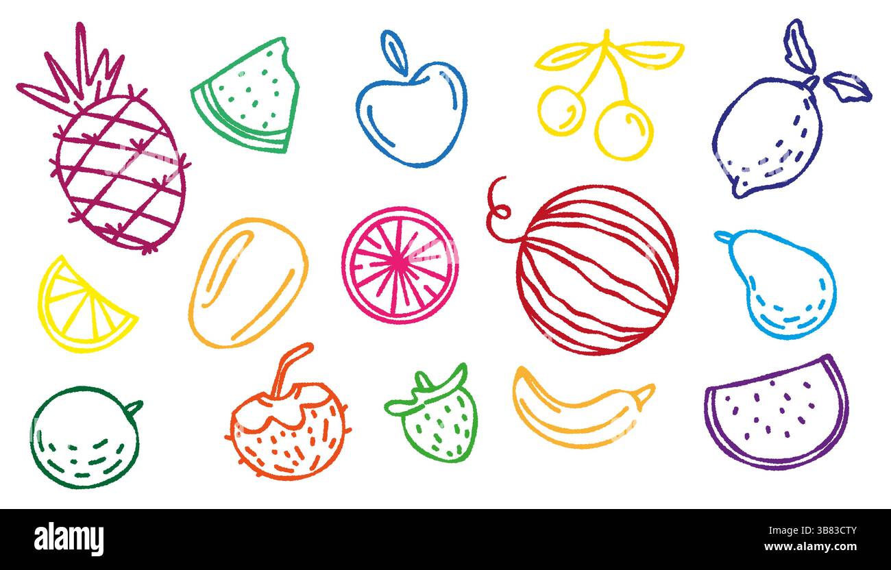 Doodles de fruits exotiques dessinés à la main. Vector set avec noix de coco, citron, fruit du dragon, melon, baies. Autocollants d'été mignons de tropical, riche en vitamines, bio Illustration de Vecteur