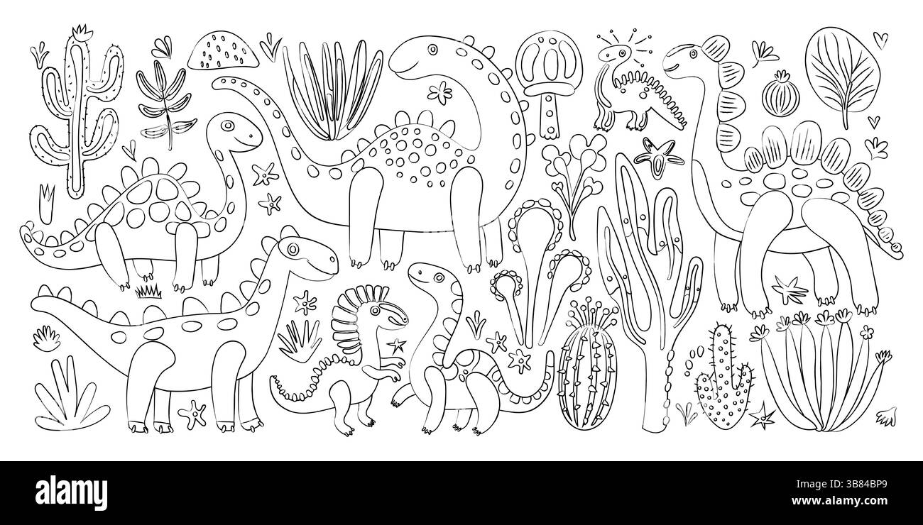 Illustration fantaisiste de dinosaures avec des plantes et des cactus, parfait pour les enfants thèmes préhistoriques, art ludique, activités éducatives et plaisir de coloriage Illustration de Vecteur