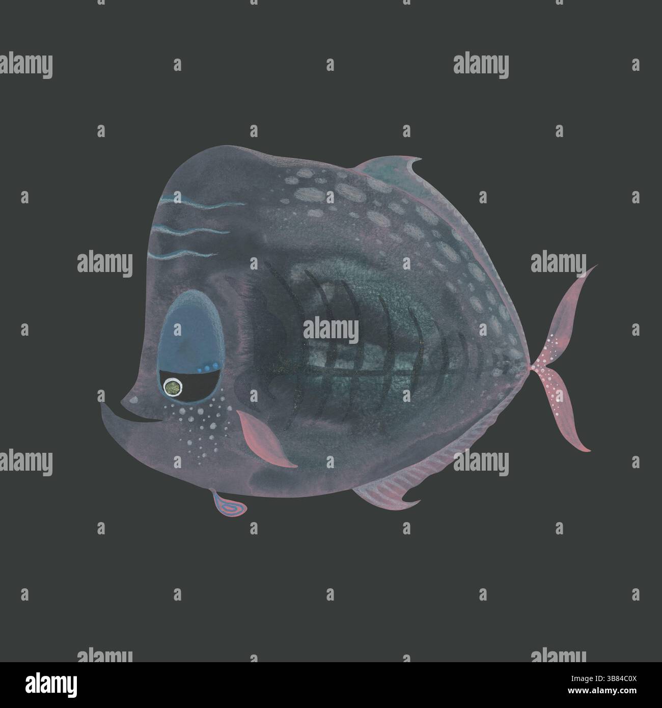 Poisson aquarelle dans des tons sombres. Textures translucides délicates dessinées à la main. Une créature marine calme et réfléchie avec des détails artistiques doux et un éthéré Banque D'Images