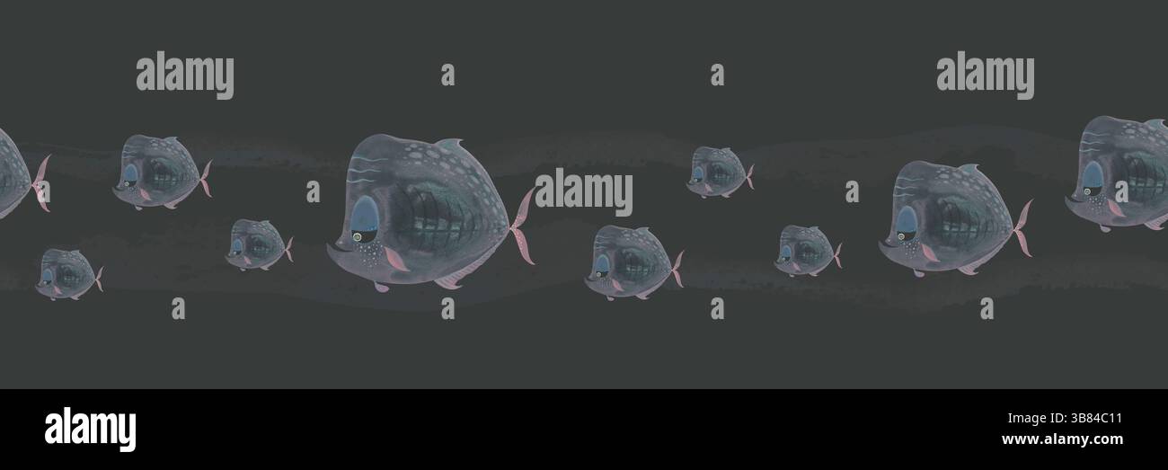 Bordure sans couture avec poisson aquarelle sur fond noir. Silhouettes ondulées translucides peintes à la main. Tonalités en sourdine. Parfait pour la papeterie, sombre Banque D'Images