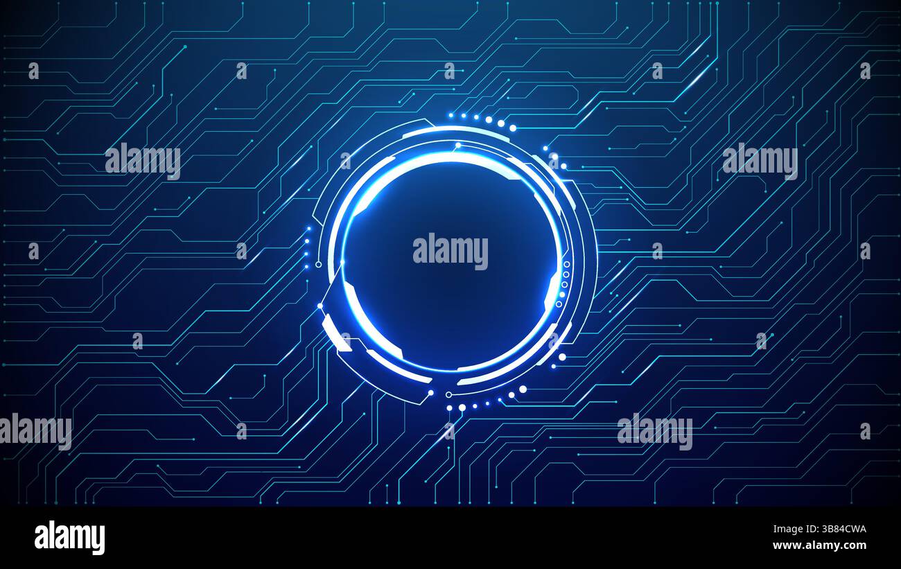 Portail de cercle bleu clair néon sur carte de circuit imprimé de technologie futuriste. Illustration de Vecteur