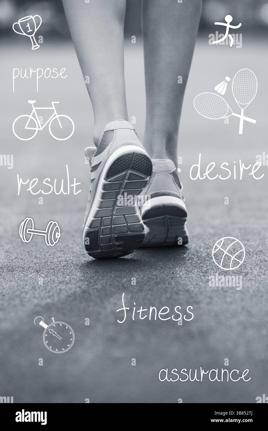 Pieds de femme en baskets avec des icônes sportives. Concept fitness Banque D'Images