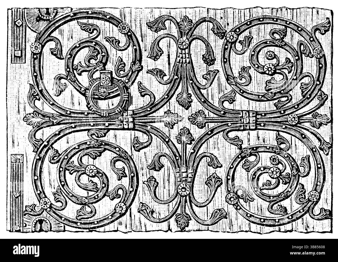 Ferrures de portes, Liège, XIIIe siècle. Publication du livre Meyers Konversations-Lexikon, volume 7, Leipzig, Allemagne, 1910, Europe Banque D'Images
