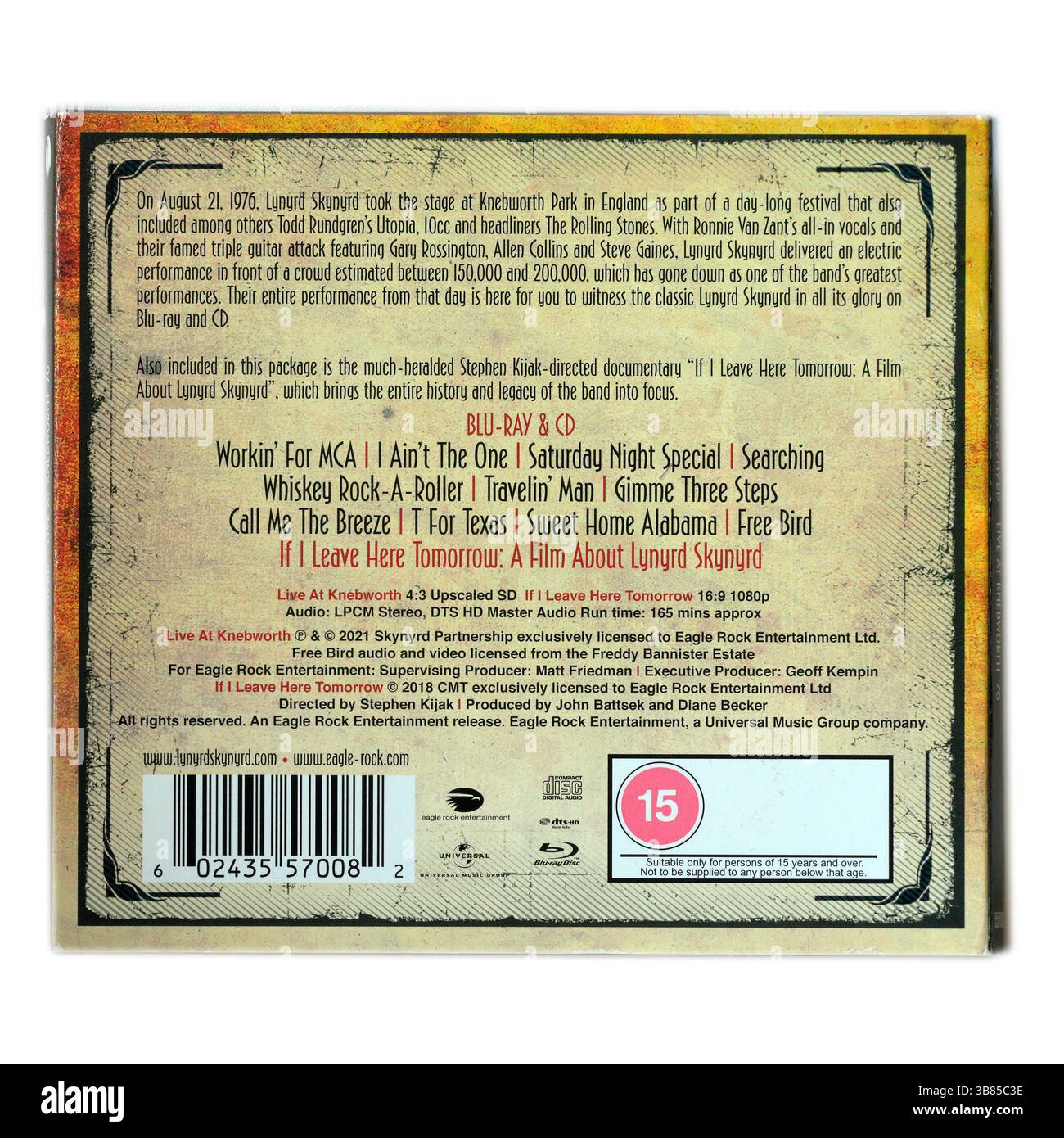 Lynyrd Skynyrd Live at Knebworth 1976 CD arrière studio mis en place photographie sur fond blanc Banque D'Images