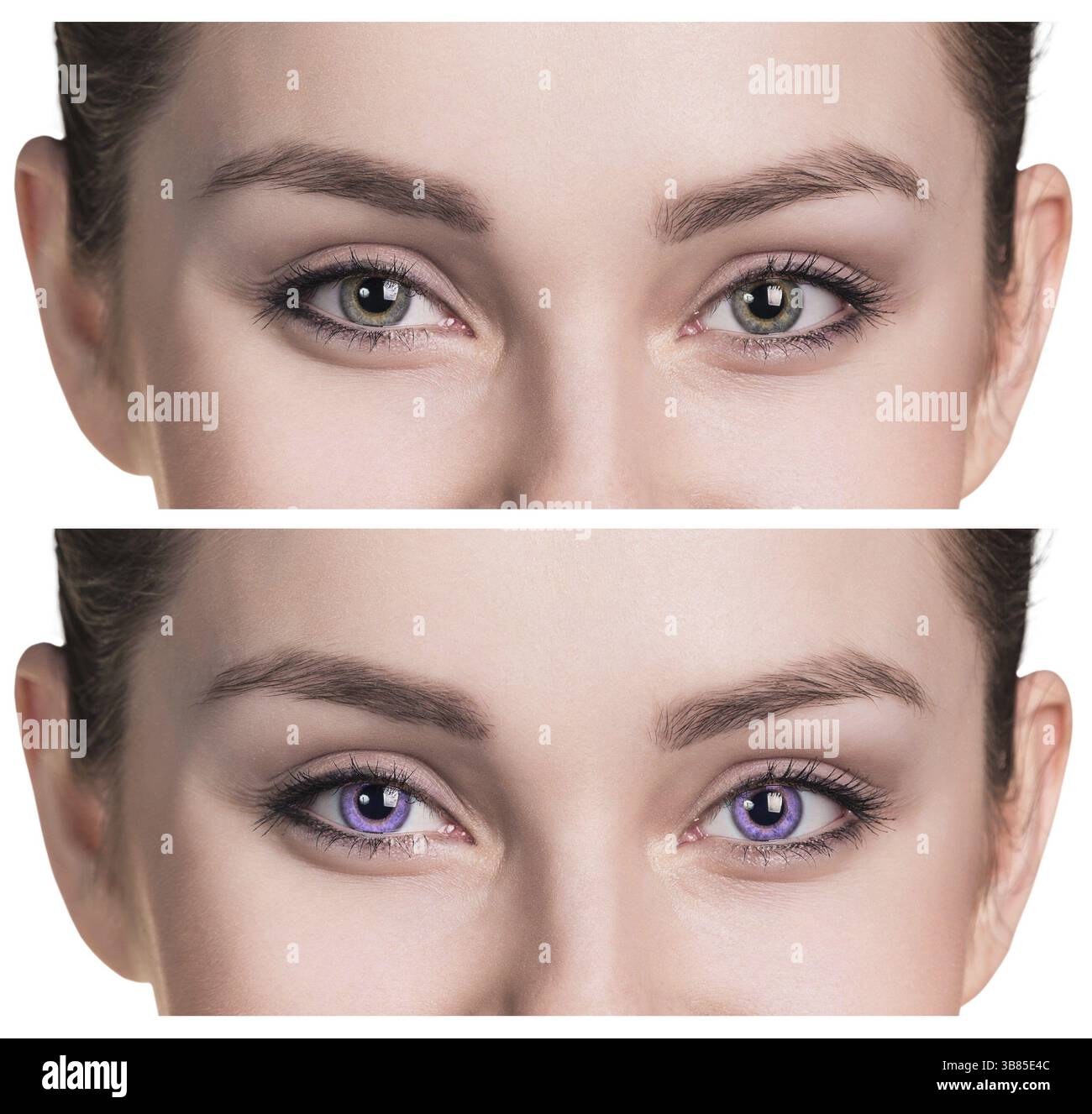 Beaux yeux féminins en gros plan dans les lentilles de contact de couleur Banque D'Images