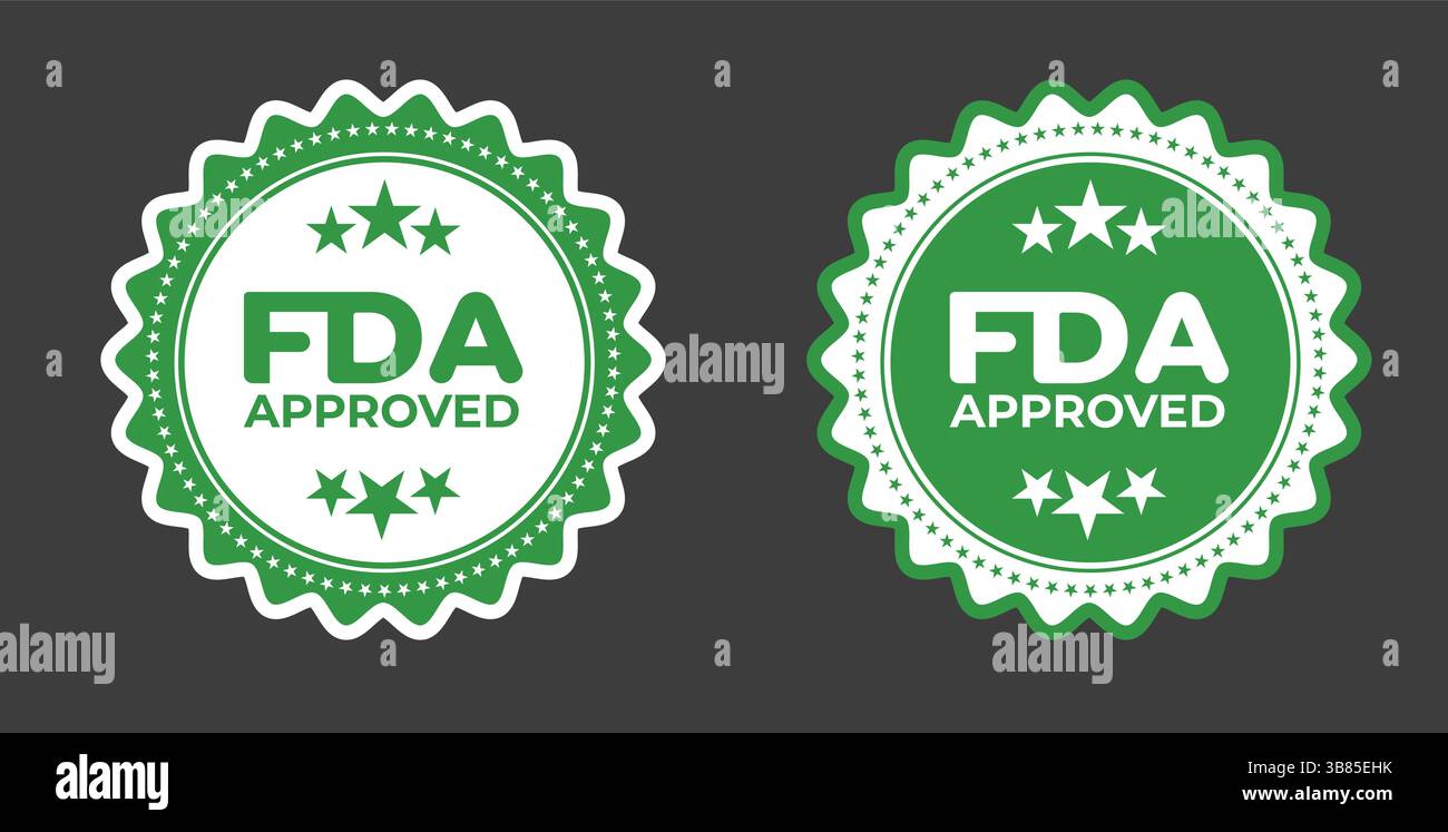 Icône de badge approuvé par la FDA – sceau vert de l'étiquette d'approbation pour l'emballage de produits médicaux, pharmaceutiques, de soins de santé ou certifiés Illustration de Vecteur