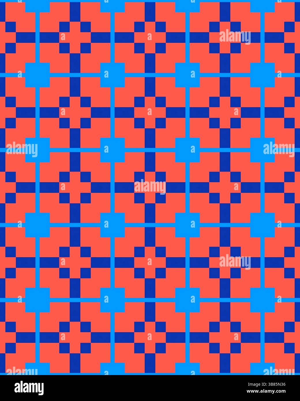 Le design géométrique coloré présente un motif répétitif de formes rouges, bleues et noires, idéal pour l'esthétique intérieure moderne. Banque D'Images
