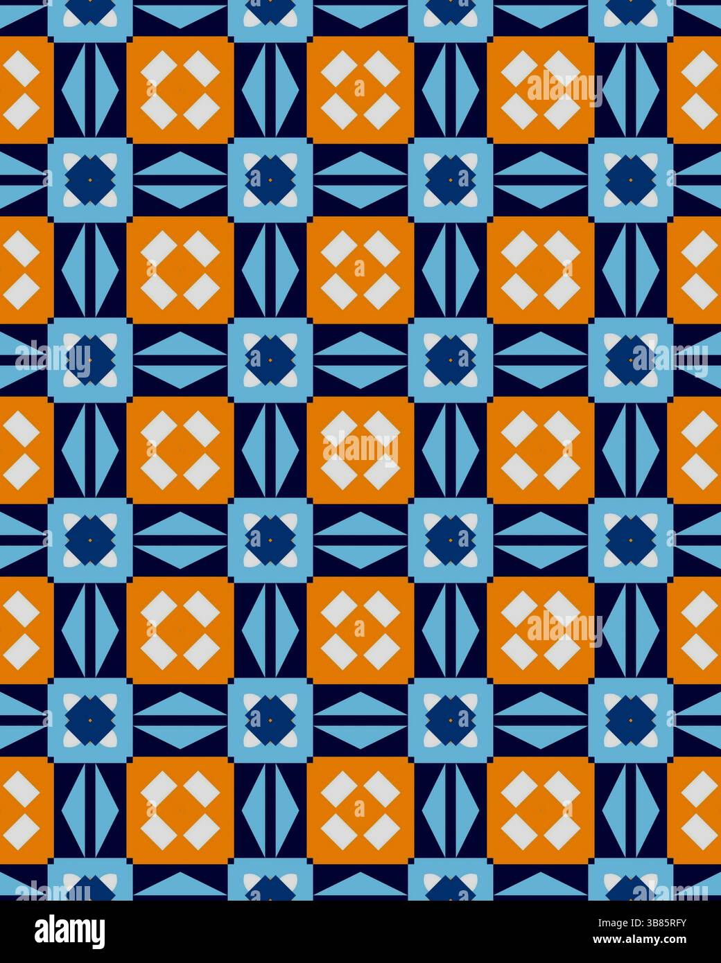 Les formes géométriques vives en bleu, orange et blanc créent un motif carrelé vibrant idéal pour les textiles ou la décoration intérieure. Banque D'Images