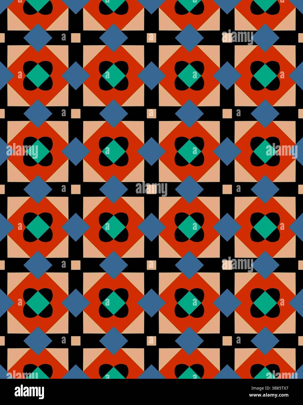 Ce design géométrique dynamique met en valeur des motifs complexes avec des couleurs et des formes audacieuses, créant une œuvre d'art visuellement attrayante. Banque D'Images