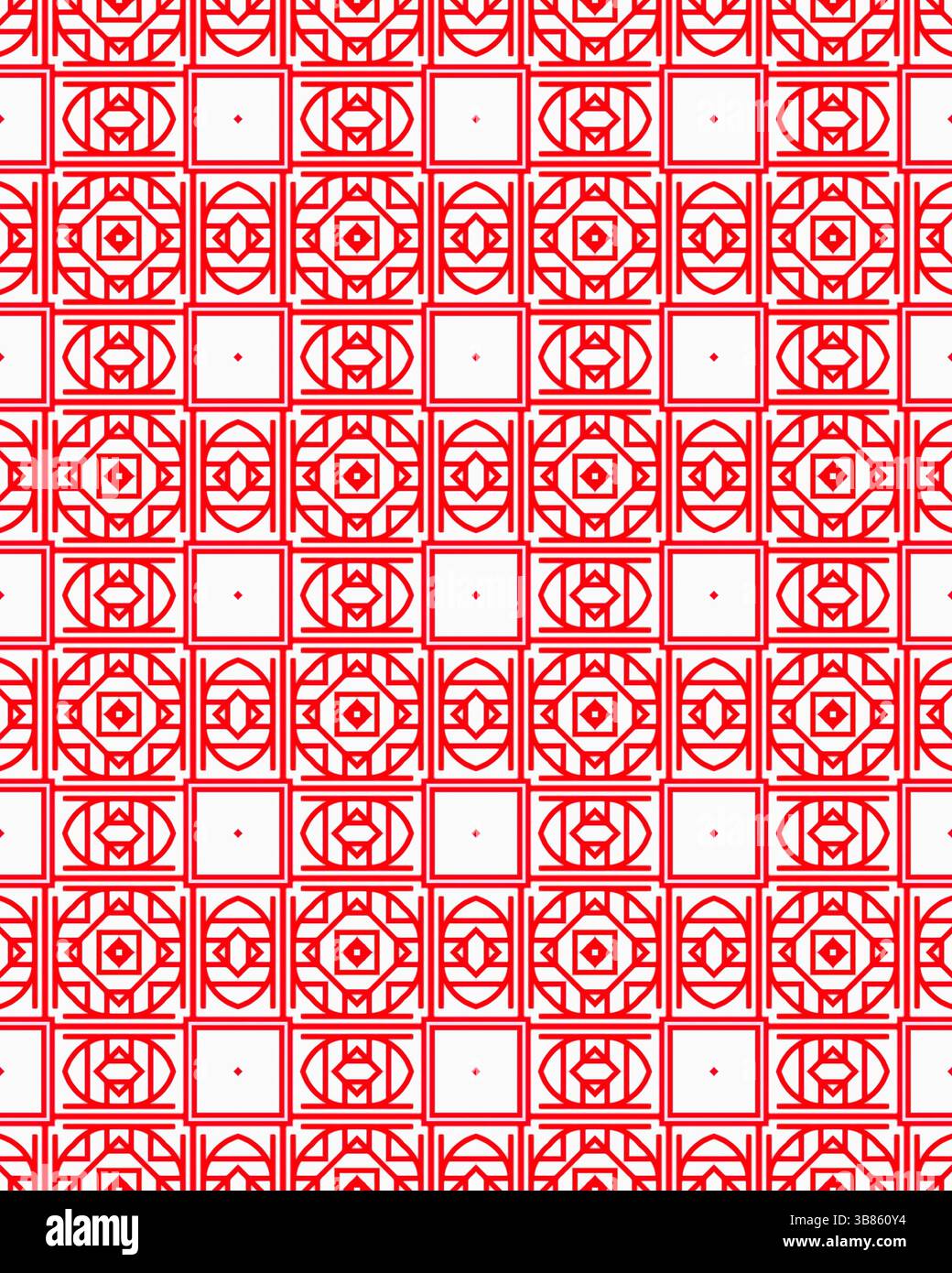 Des motifs géométriques éclatants en rouge et blanc créent un design textile saisissant, mettant en valeur des formes imbriquées complexes et une symétrie. Banque D'Images