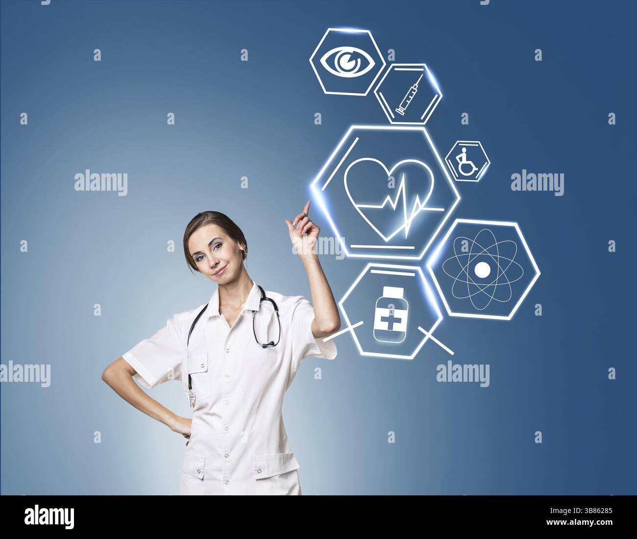 Femme médecin avec les icônes. Les technologies médicales modernes concept Banque D'Images