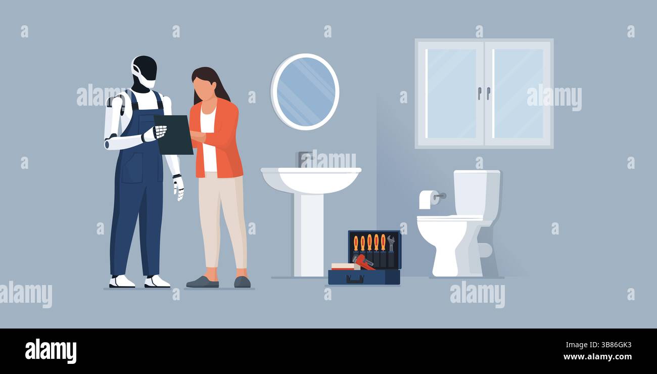 Robot plombier montrant une facture à une cliente à la maison : robots IA et concept d'automatisation Illustration de Vecteur