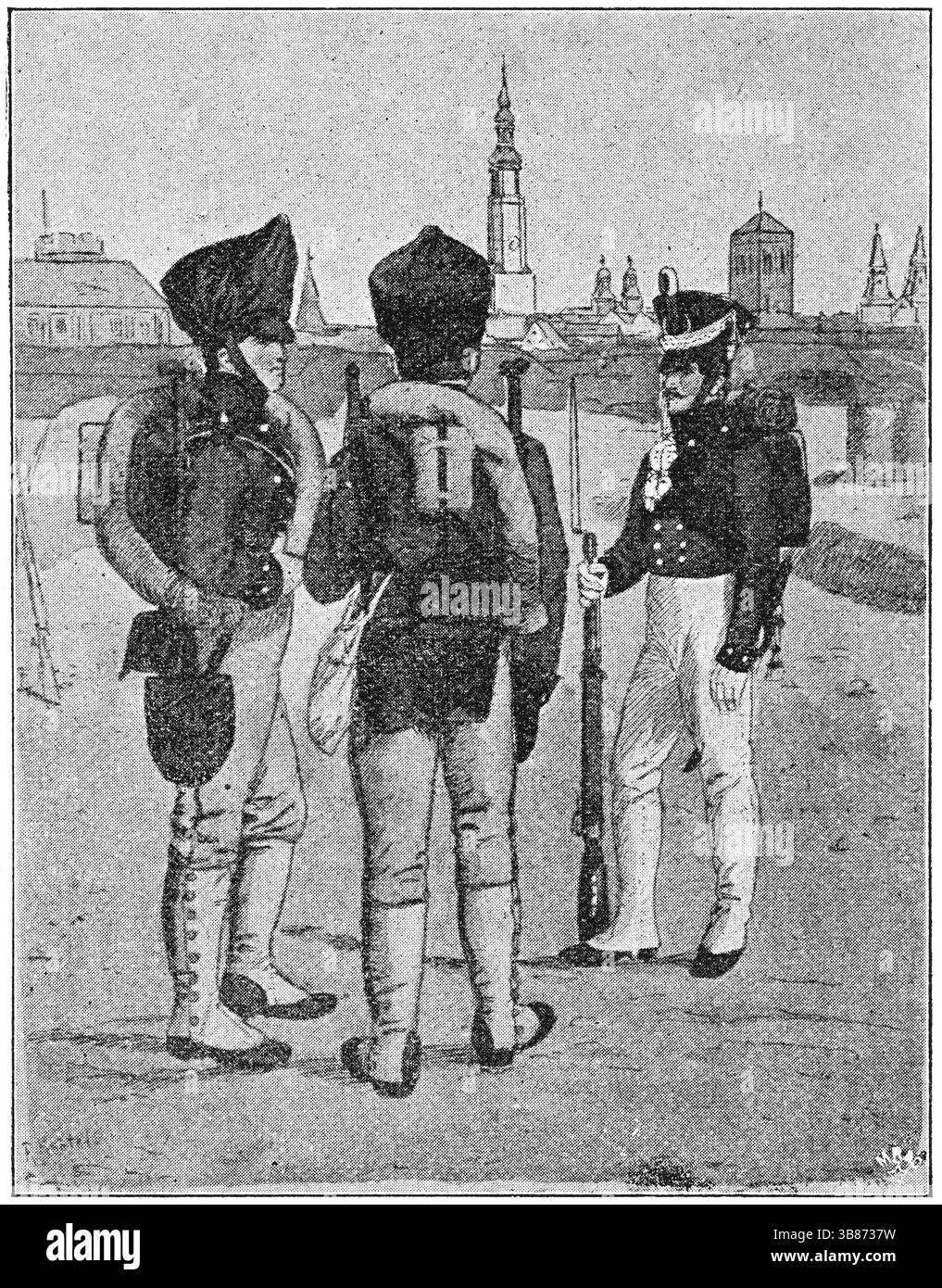 Pionniers prussiens (1830) . Illustration du XIXe siècle. Allemagne. Fond blanc Banque D'Images