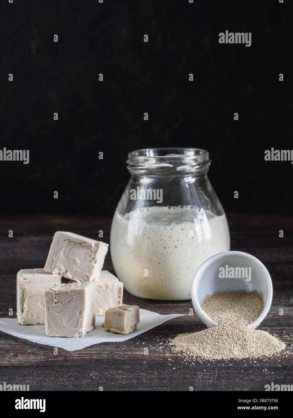 Différents types de levure. La levure pressée frais et sec levure instantanée et active du blé levain (levure sauvage) sur la table en bois. Clé faible. Focu sélective Banque D'Images