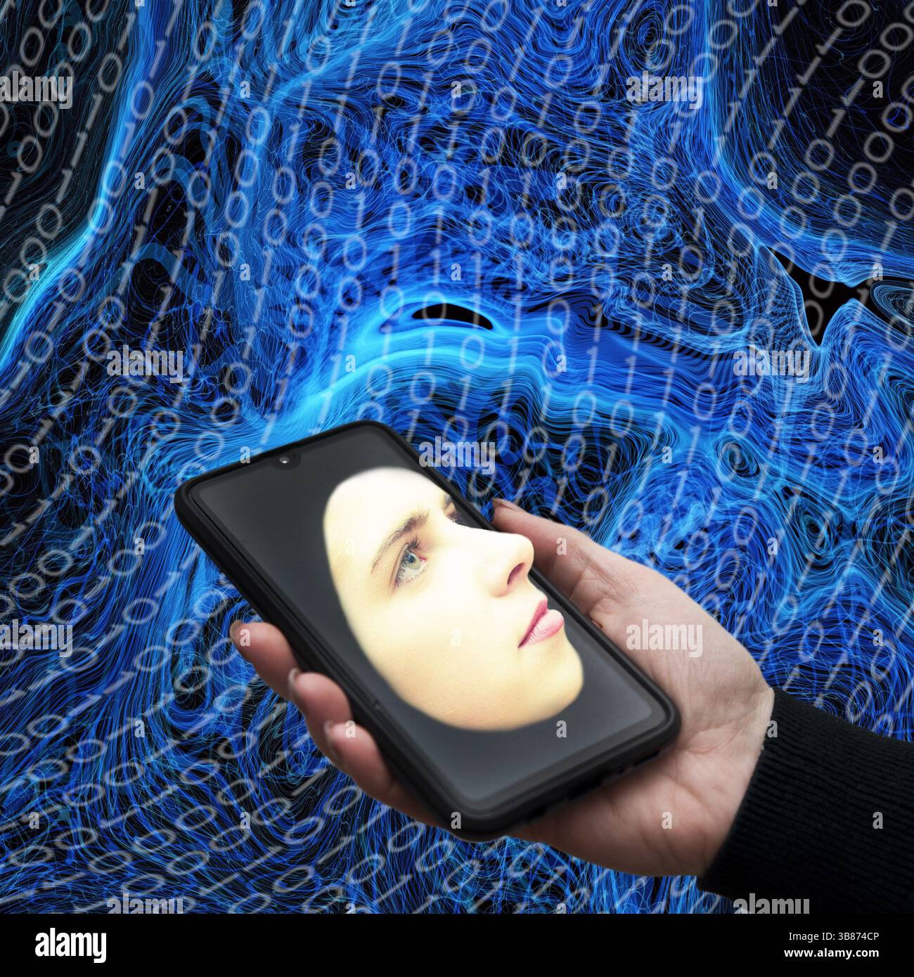 main tenant un smartphone avec un assistant numérique Banque D'Images