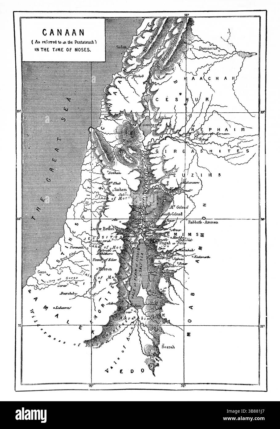 Carte de Canaan à l'époque de Moïse de l'Antiquité 19ème siècle la Sainte Bible contenant l'ancien et le Nouveau Testament avec Notes explicatives, références a Banque D'Images