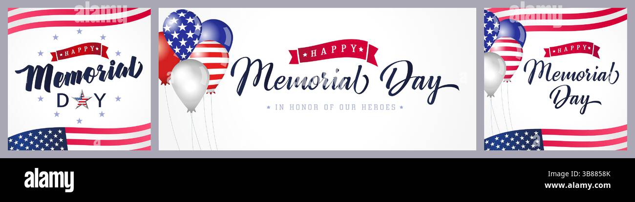 Ensemble de cartes de vœux du jour du souvenir américain. Conception horizontale et carrée avec éléments 3D et masque d'écrêtage isolé. Toile de fond blanche avec cadre de drapeau. Mignon Illustration de Vecteur