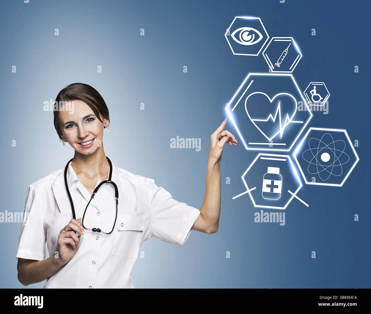 Femme médecin avec les icônes. Les technologies médicales modernes concept Banque D'Images