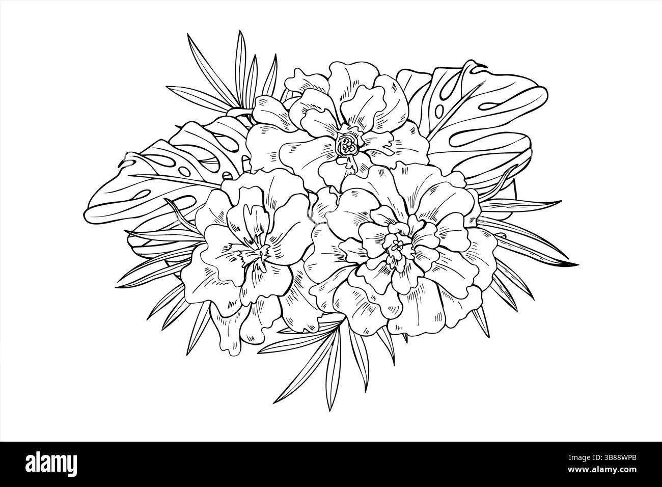 Vecteur trois fleurs de tête de souci entourées de monstera et de feuilles de palmier illustration d'encre de ligne. Dessin à la gravure d'un bouquet botanique tropical Illustration de Vecteur