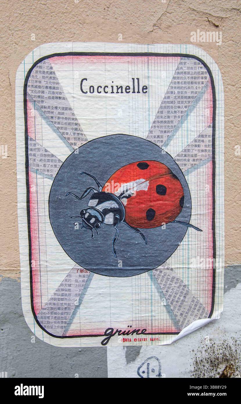 Street art Montmartre : affiche en pâte de blé Coccinelle par Grüne dans le 18ème arrondissement de Paris, France Banque D'Images