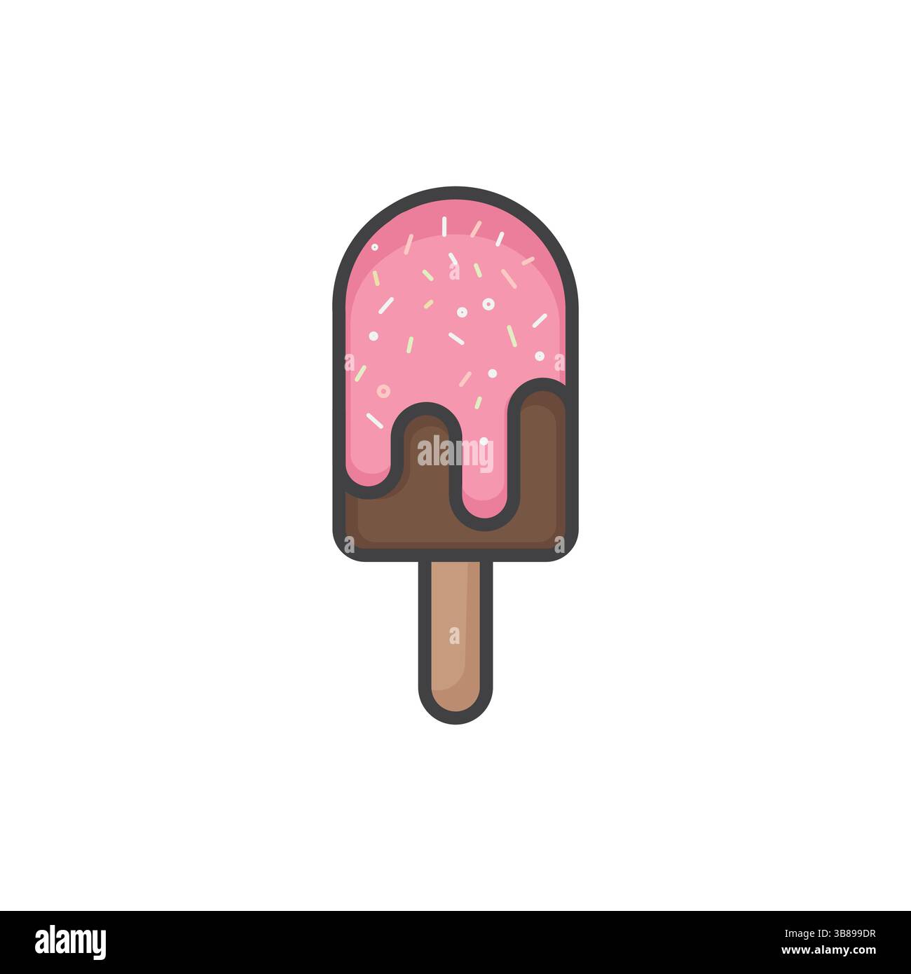 Icône vectorielle colorée d'une crème glacée rose et brune Popsicle avec des saupoudres sur un bâton Sweet Treat, dessert et nourriture d'été Illustration de Vecteur