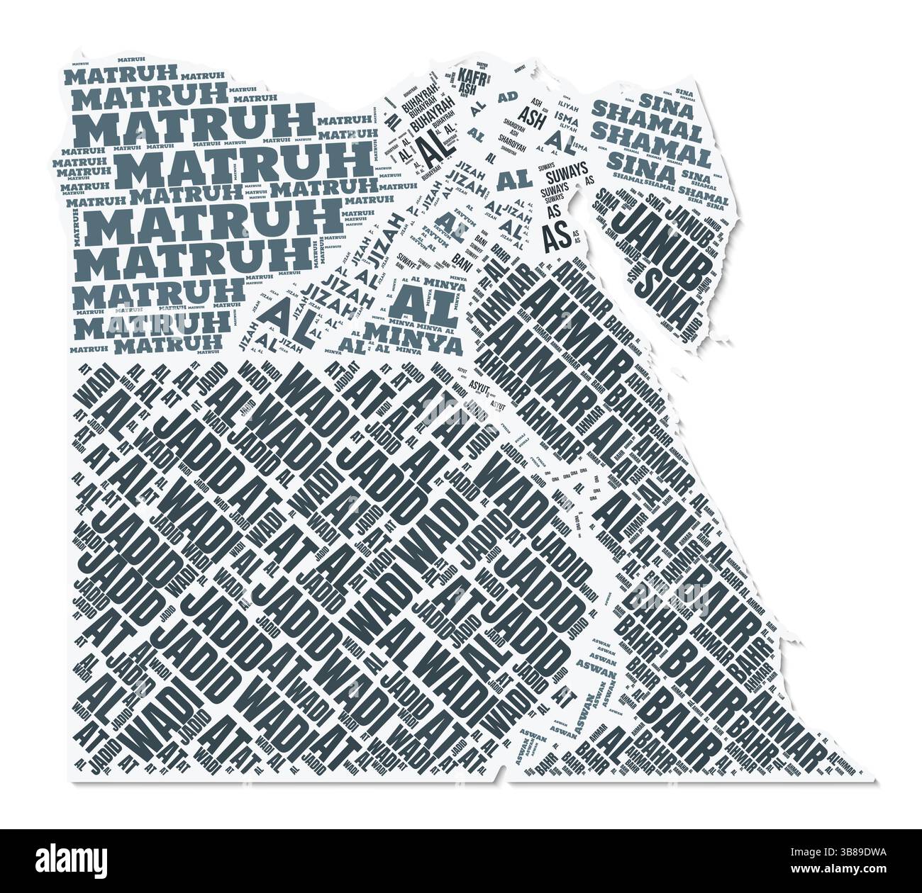 Nuage de texte de forme Égypte. Frontière de pays avec ombre sur fond blanc. Égypte avec division des régions dans le style vintage gazette. Illustration de Vecteur