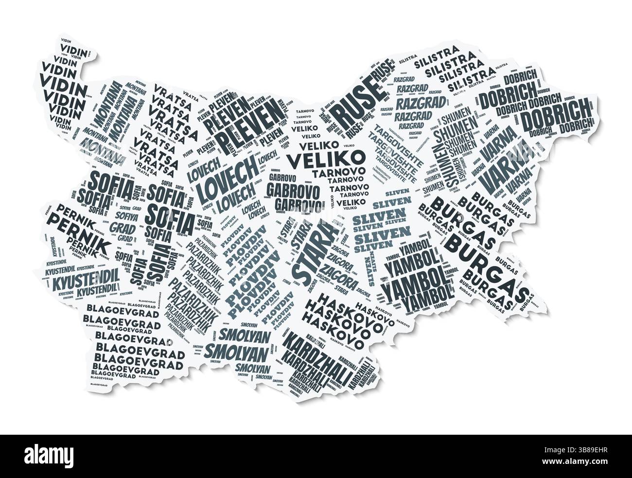 Nuage de texte de forme Bulgarie. Frontière de pays avec ombre sur fond blanc. Bulgarie avec division des régions dans le style vintage gazette. Illustration de Vecteur