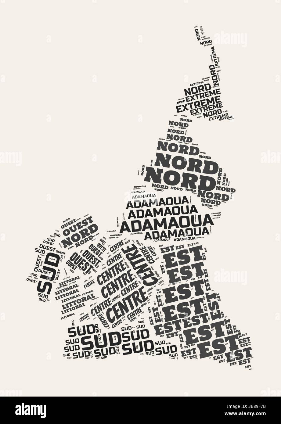 Cameroun Word Cloud. Pays avec division de régions. Cameroun texte typographique nuages de conception d'image vectorielle. Image de forme de pays de style gazette vintage. Illustration de Vecteur