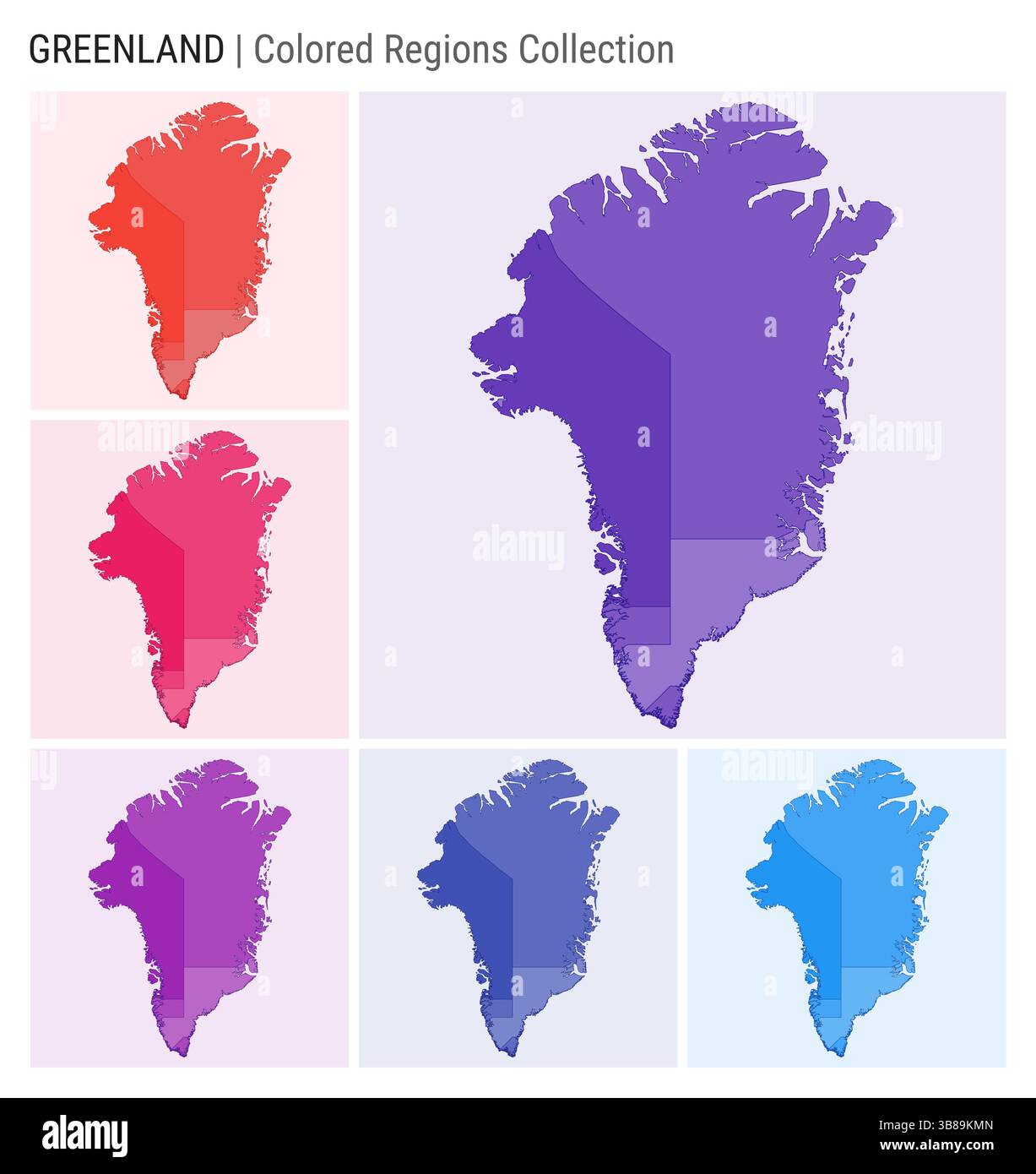 Collection de cartes du Groenland. Forme de pays avec régions colorées. Violet profond, rouge, rose, violet, indigo, palettes de couleurs bleues. Illustration de Vecteur
