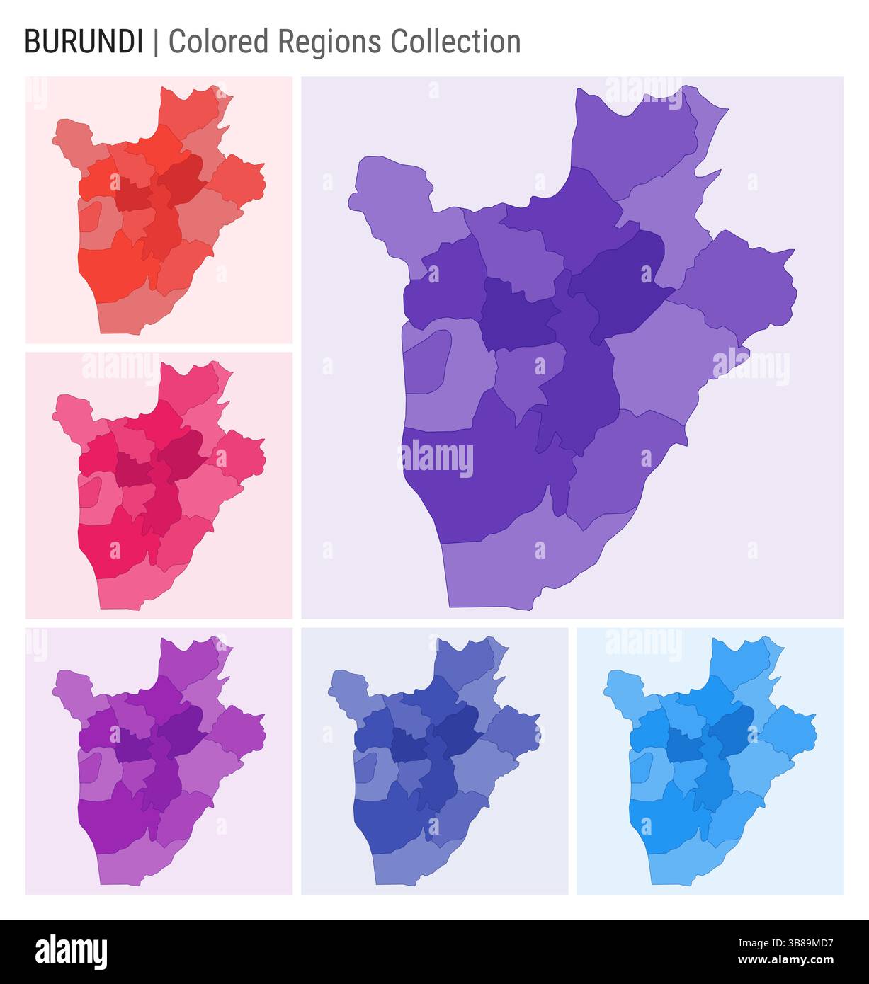 Collection de cartes du Burundi. Forme de pays avec régions colorées. Violet profond, rouge, rose, violet, indigo, palettes de couleurs bleues. Illustration de Vecteur