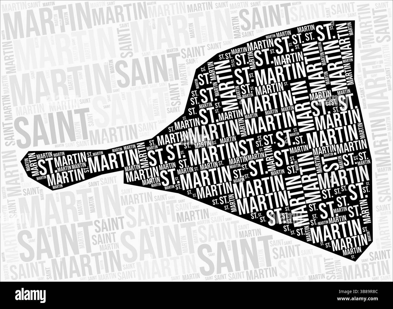Nuage de mots cartographiques des régions de Saint-Martin. Noms des régions de Saint-Martin. Conception de carte en noir et blanc. Illustration vectorielle élégante. Illustration de Vecteur