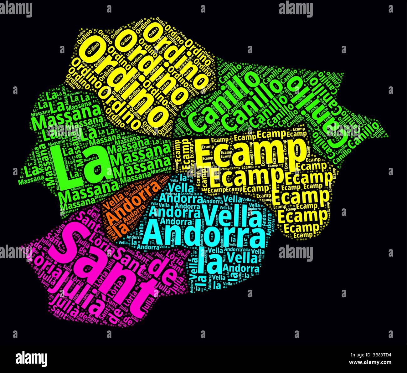 Andorra Word Cloud. Noms de région du pays en langue catalane. Design de style néon lumineux sur un fond sombre. Illustration de Vecteur