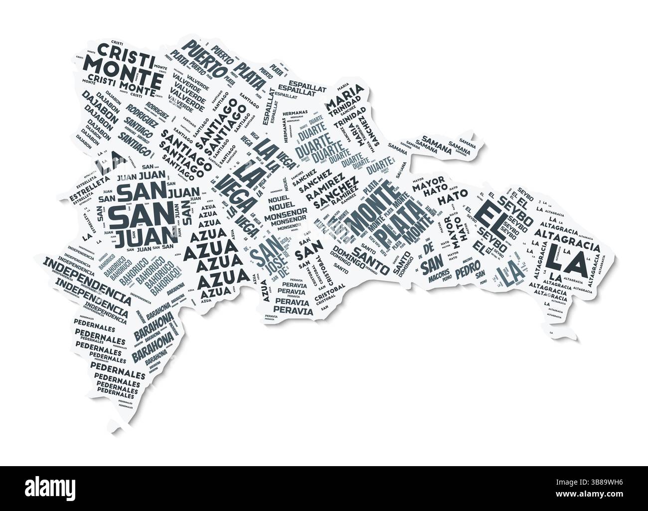 Nuage de texte de forme de République dominicaine. Frontière de pays avec ombre sur fond blanc. Illustration de Vecteur