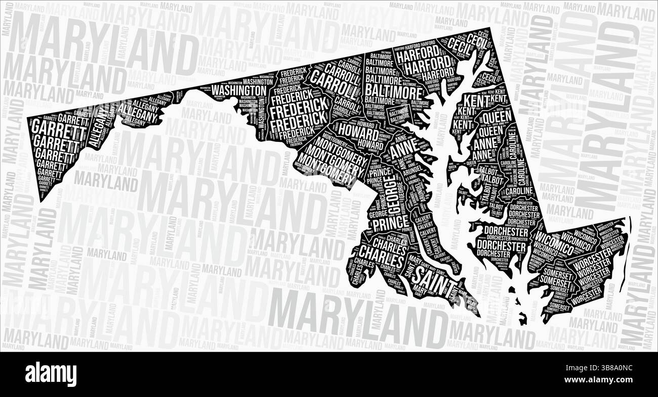 Nuage de mots cartographiques des comtés du Maryland. Noms des régions du Maryland. Conception de carte en noir et blanc. Illustration vectorielle créative. Illustration de Vecteur