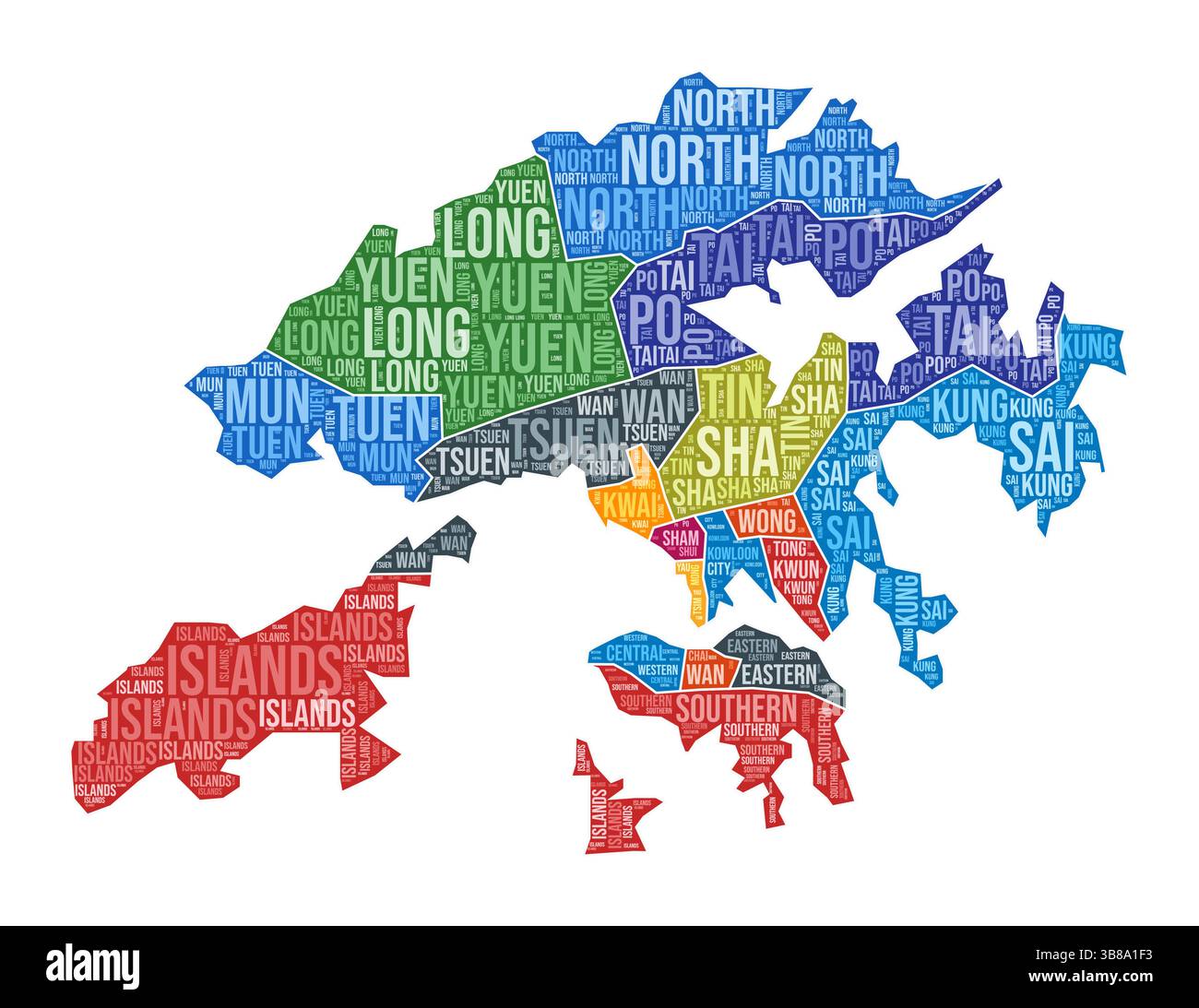 Forme Hong Kong. Nuage de mots de pays avec division de région. Illustration colorée de Hong Kong. Nuage de noms de région. Illustration vectorielle. Illustration de Vecteur