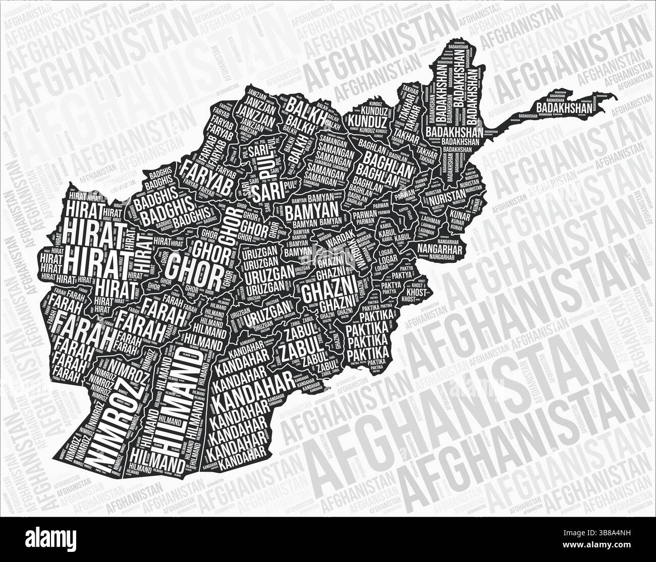 Afghanistan régions carte nuage de mots. Noms des régions de l'Afghanistan. Conception de carte en noir et blanc. Illustration vectorielle artistique. Illustration de Vecteur