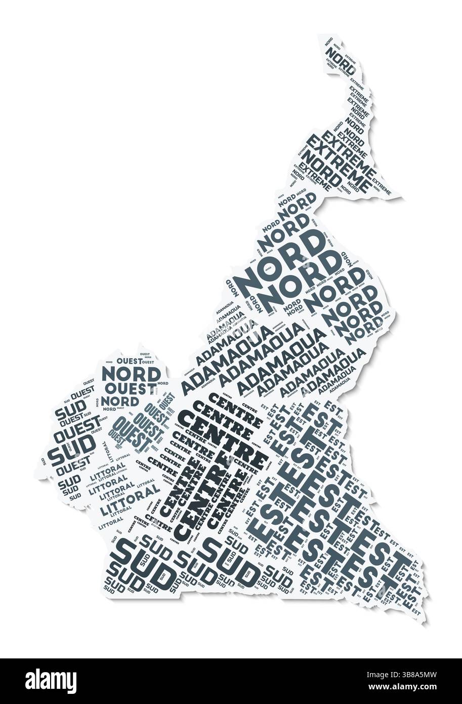 Nuage de texte de forme Cameroun. Frontière de pays avec ombre sur fond blanc. Cameroun avec division des régions dans le style vintage gazette. Illustration de Vecteur