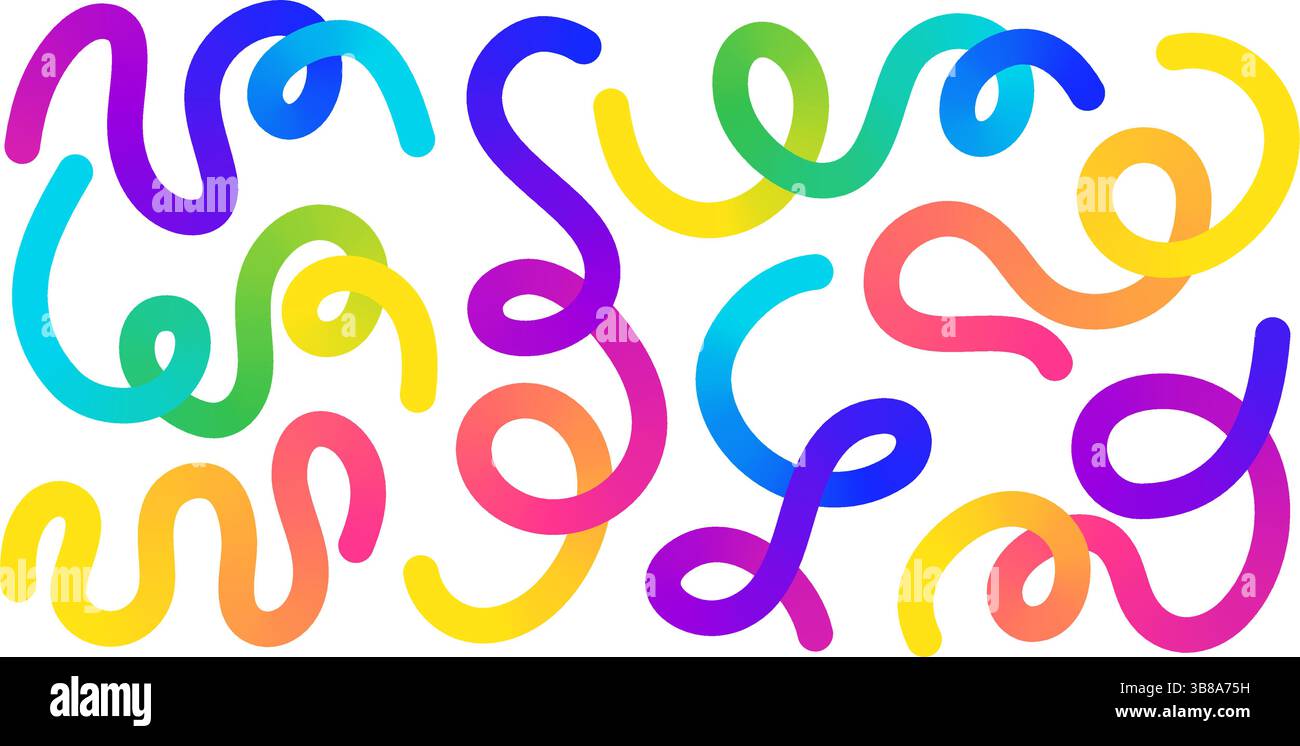 Enrouler des tourbillons vifs courbes - boucles sinueuses lignes arc-en-ciel, formes ondulantes gradient de motif décoratif abstrait. Illustration de Vecteur