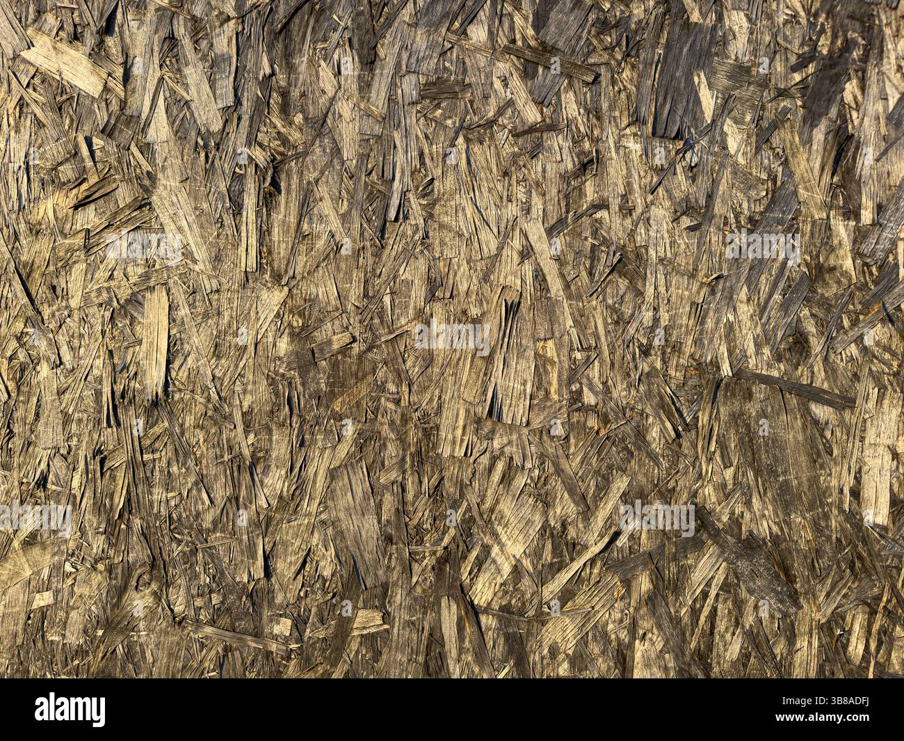 Surface de panneau de brins orientés de teinte foncée (OSB) avec texture grossière et fibres de bois.pas de personnes.utile pour les arrière-plans, la construction ou les projets de conception Banque D'Images