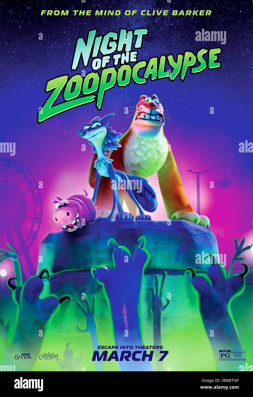 Nuit de la zoopocalypse (2025) réalisé par Ricardo Curtis et Rodrigo Perez-Castro avec Gabbi Kosmidis, David Harbour et Pierre Simpson. Un loup et un lion de montagne font équipe lorsqu'un météore déclenche un virus transformant les animaux du zoo en zombies. Ils unissent leurs forces avec d'autres survivants pour sauver le zoo et empêcher le chef mutant dérangé de propager le virus. Affiche AMÉRICAINE À une feuille POUR USAGE ÉDITORIAL UNIQUEMENT. Crédit : BFA / Viva Kids Banque D'Images